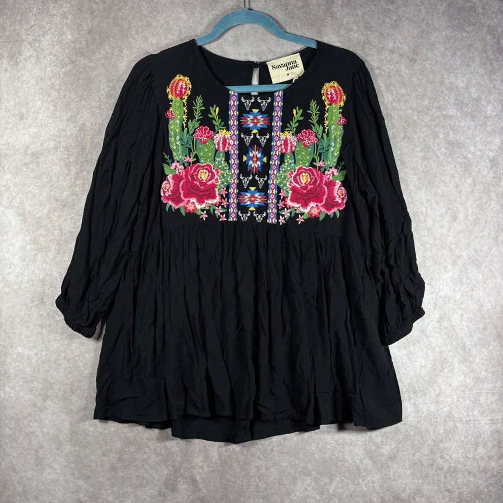 Savanna Jane Top Womens Size Medium Black Cactus Floral Peplum Boho Casual NEW